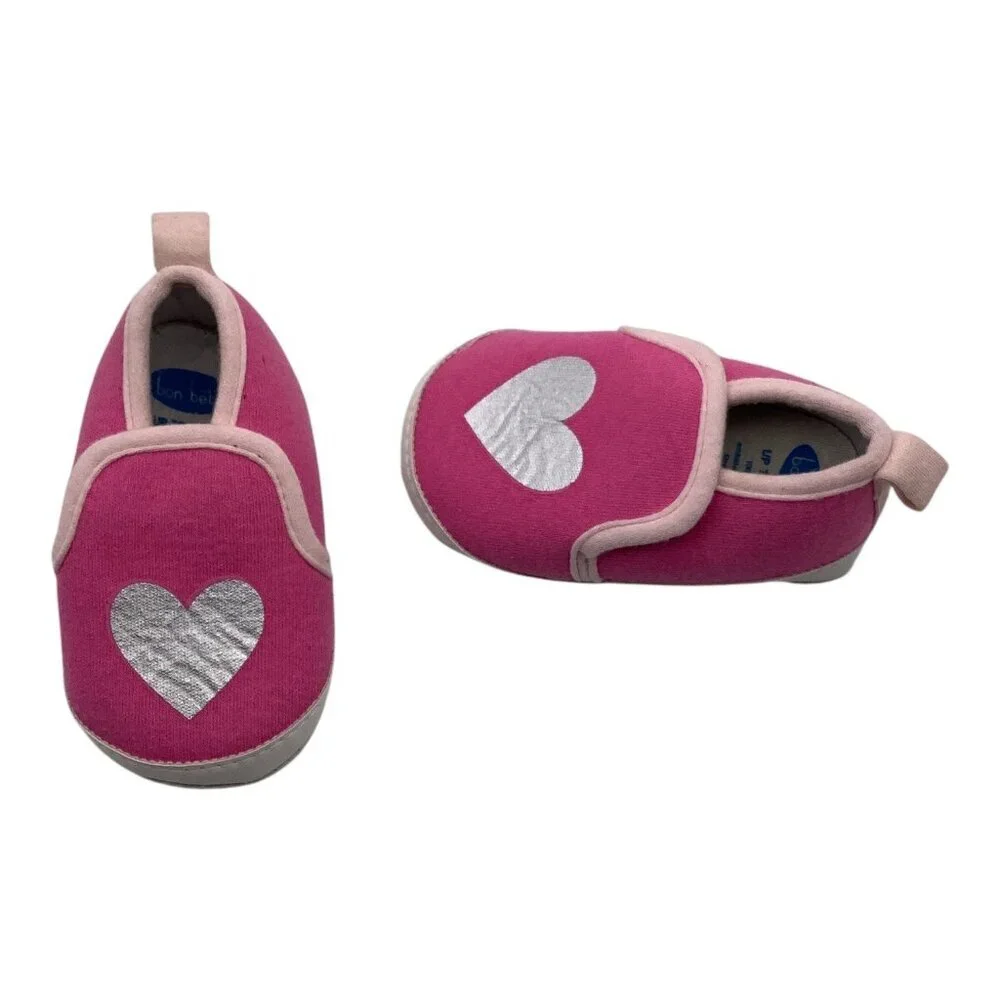 Bon‎ Bebe Baby Girl Slippers Pink W/ Silver Heart 0-9 Months Soft Sole Slip On